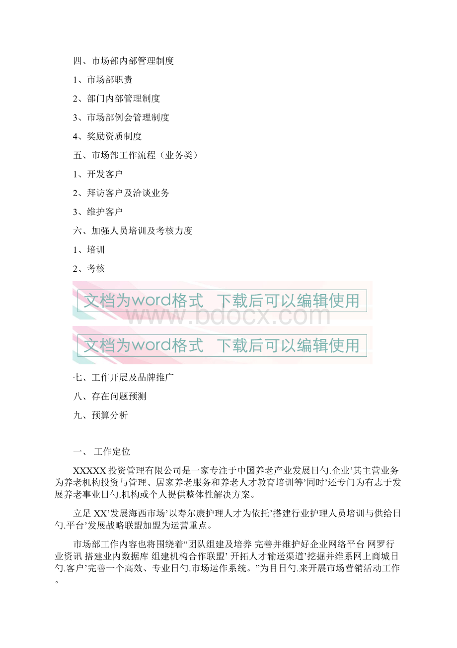 经营性养老行业市场部门筹建工作企划书Word文档格式.docx_第2页