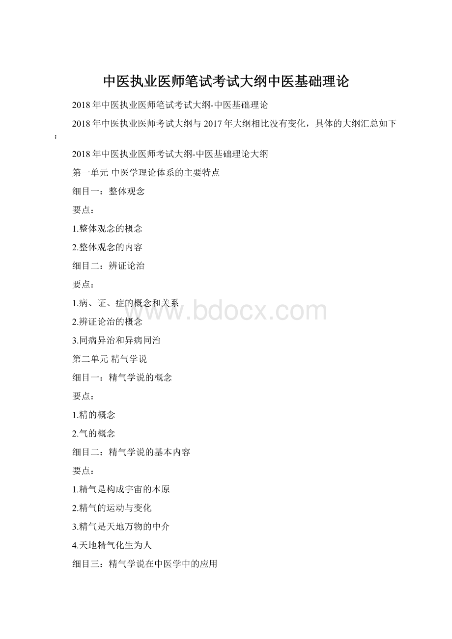 中医执业医师笔试考试大纲中医基础理论Word格式文档下载.docx_第1页