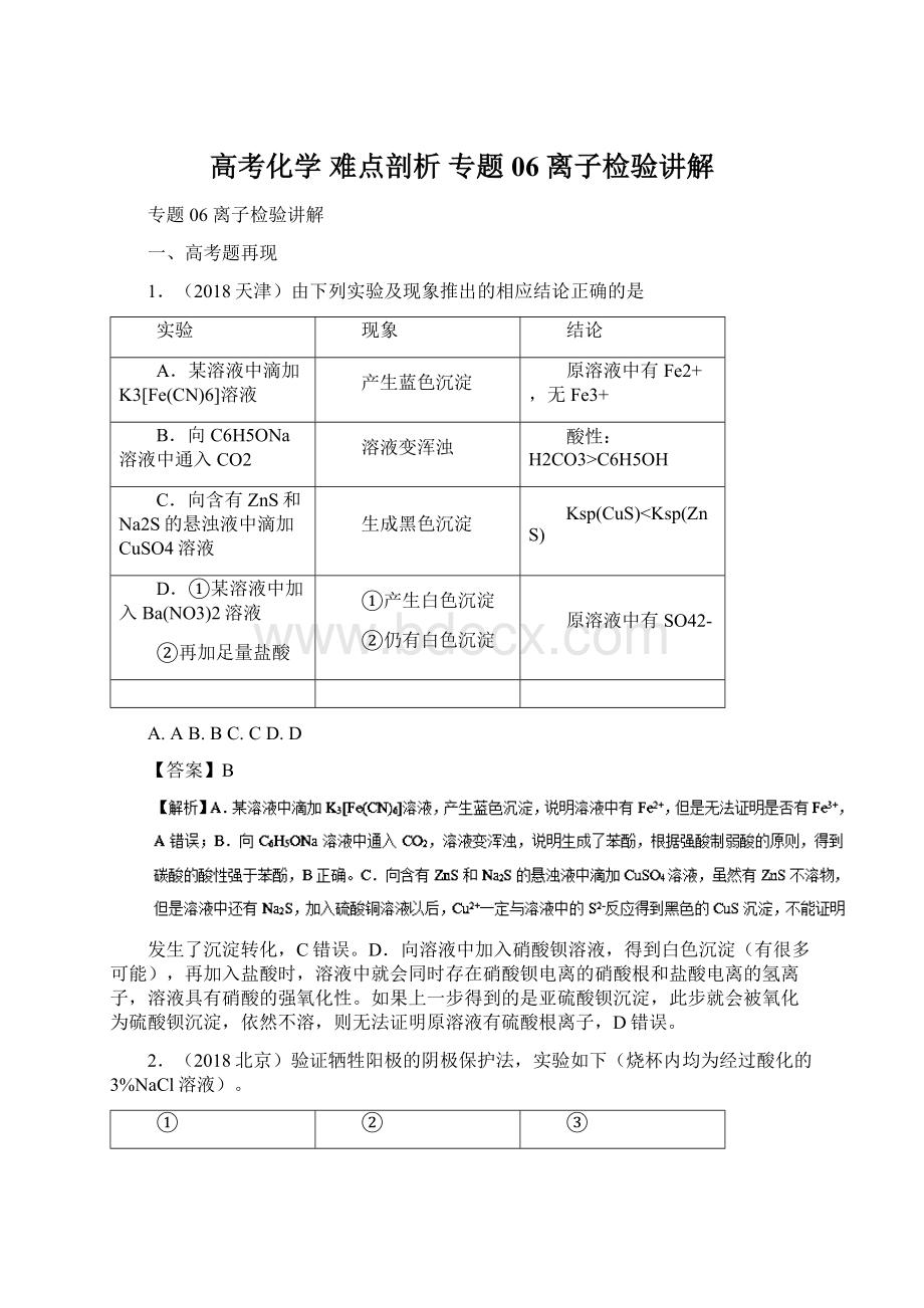 高考化学 难点剖析 专题06 离子检验讲解文档格式.docx_第1页