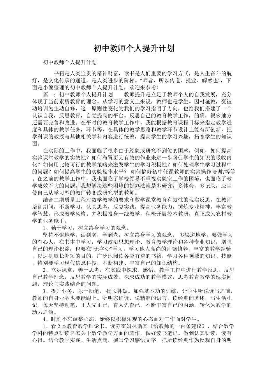 初中教师个人提升计划Word文档下载推荐.docx_第1页