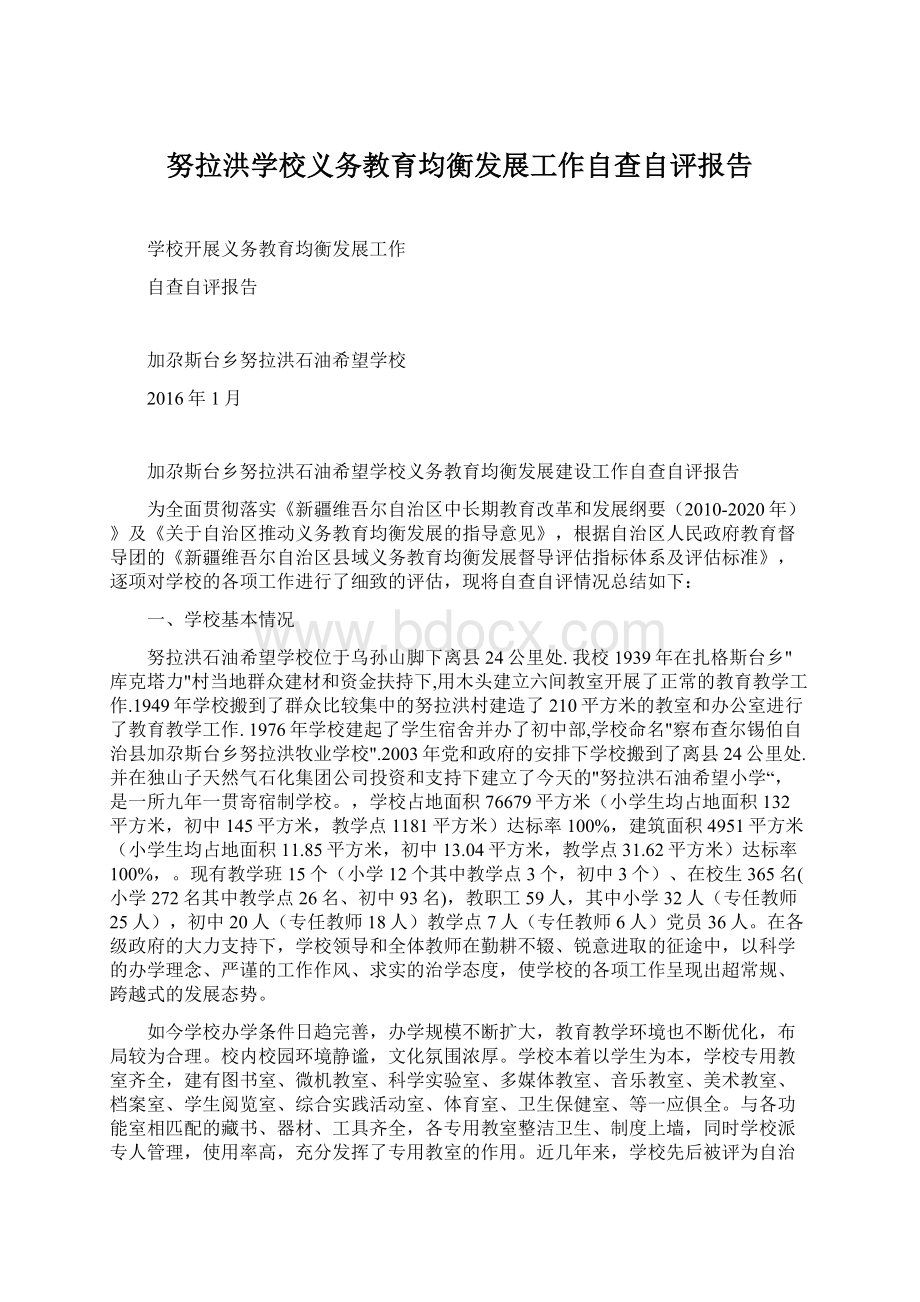 努拉洪学校义务教育均衡发展工作自查自评报告.docx