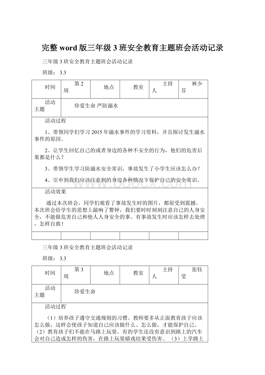 完整word版三年级3班安全教育主题班会活动记录.docx