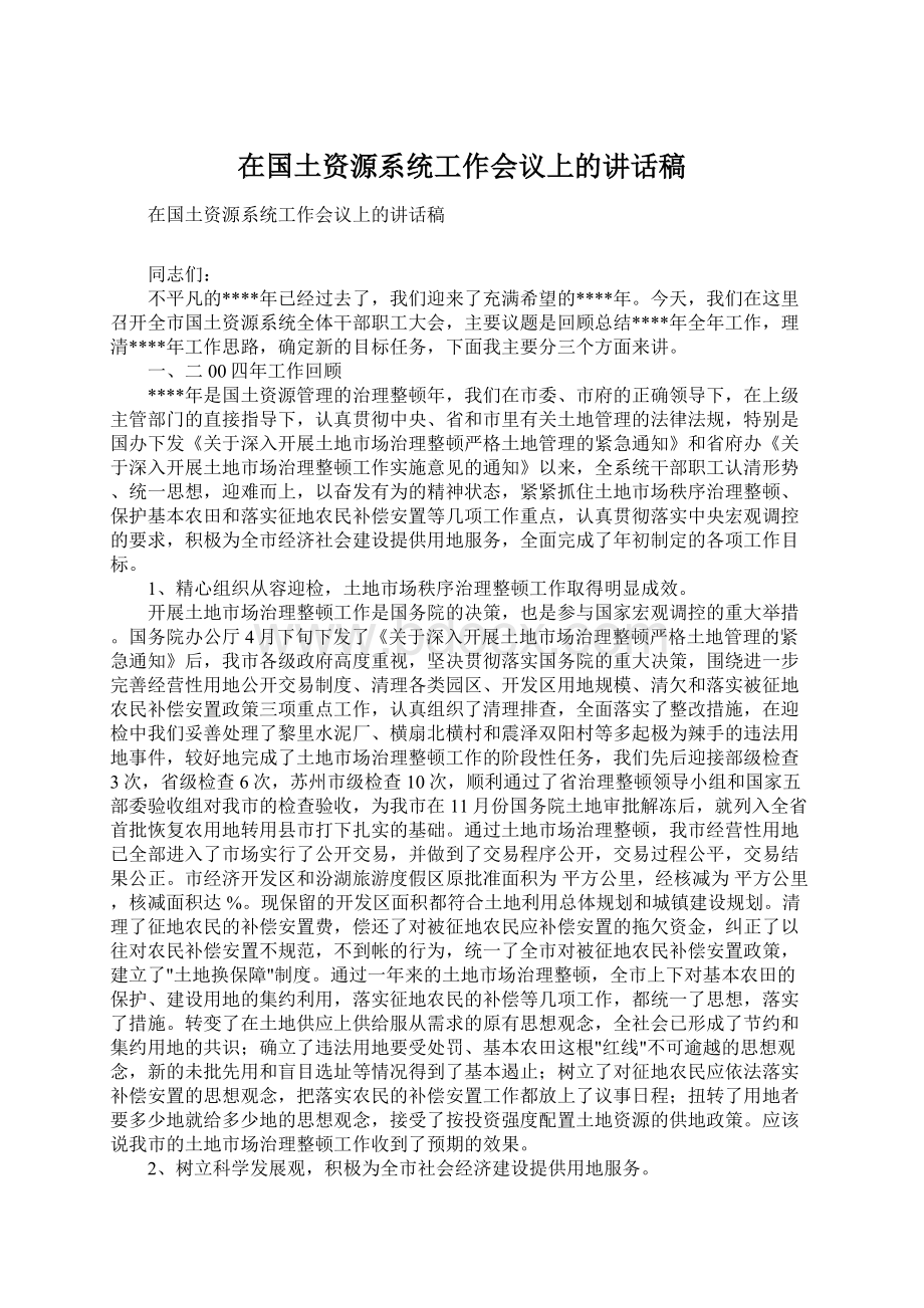 在国土资源系统工作会议上的讲话稿文档格式.docx