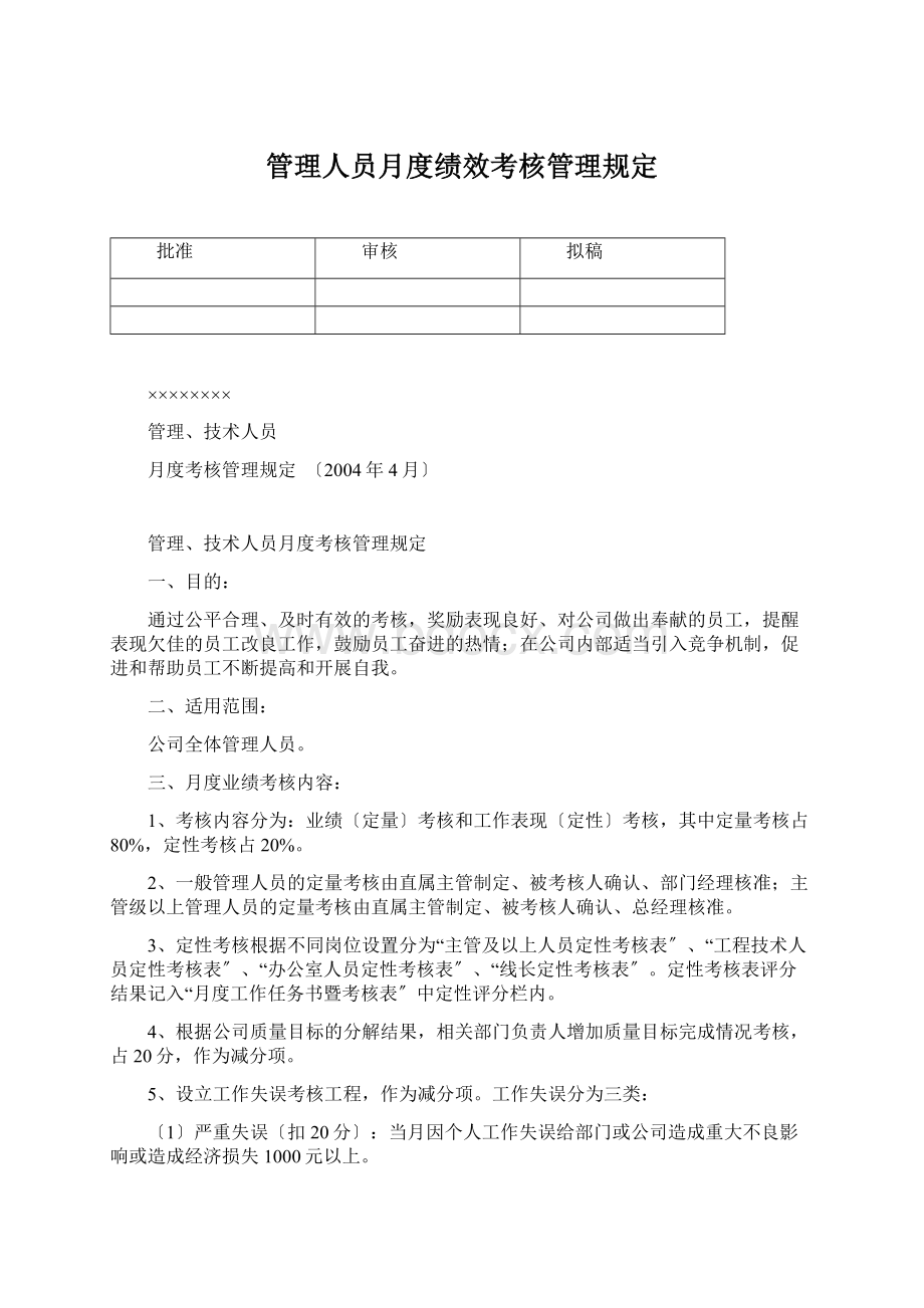 管理人员月度绩效考核管理规定.docx_第1页