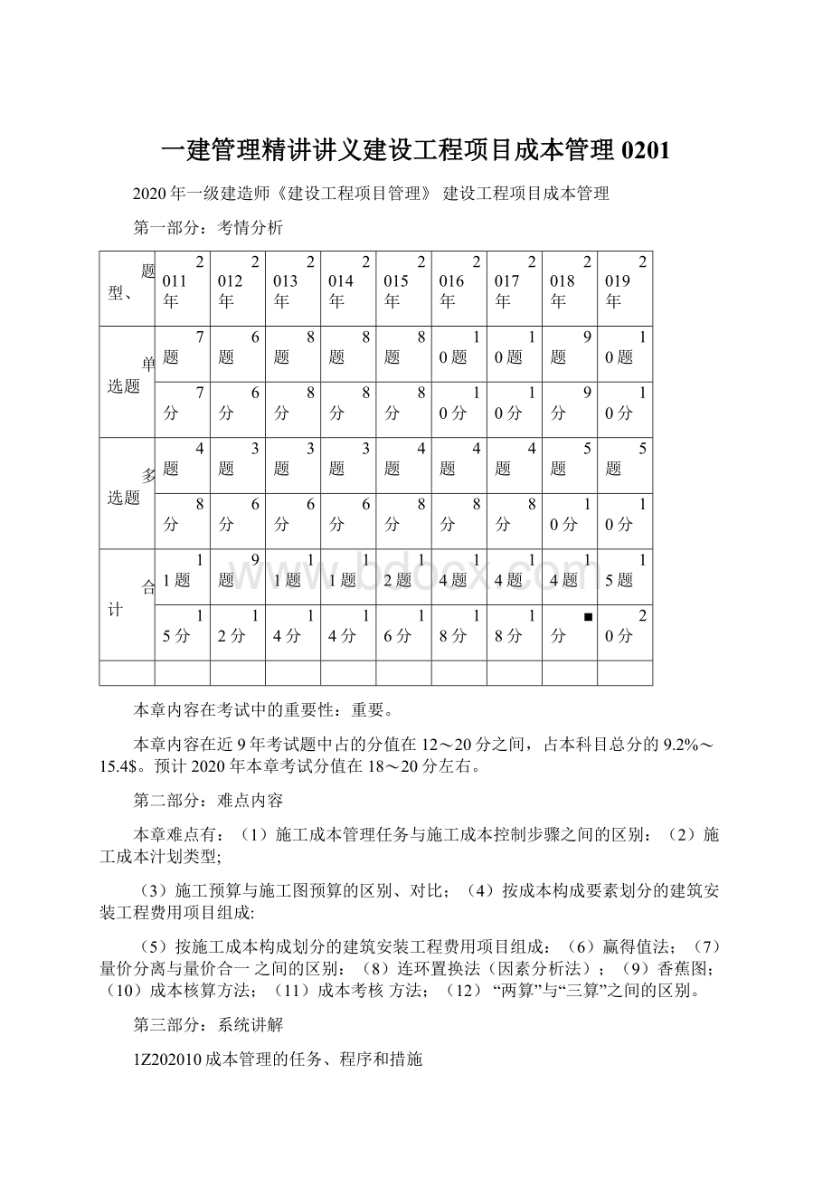 一建管理精讲讲义建设工程项目成本管理0201.docx