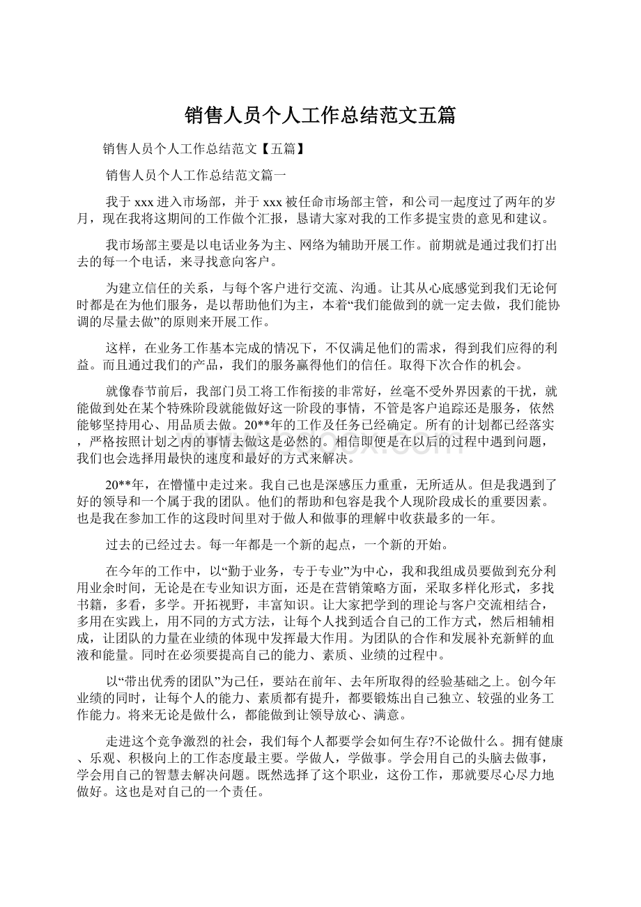 销售人员个人工作总结范文五篇Word文档格式.docx