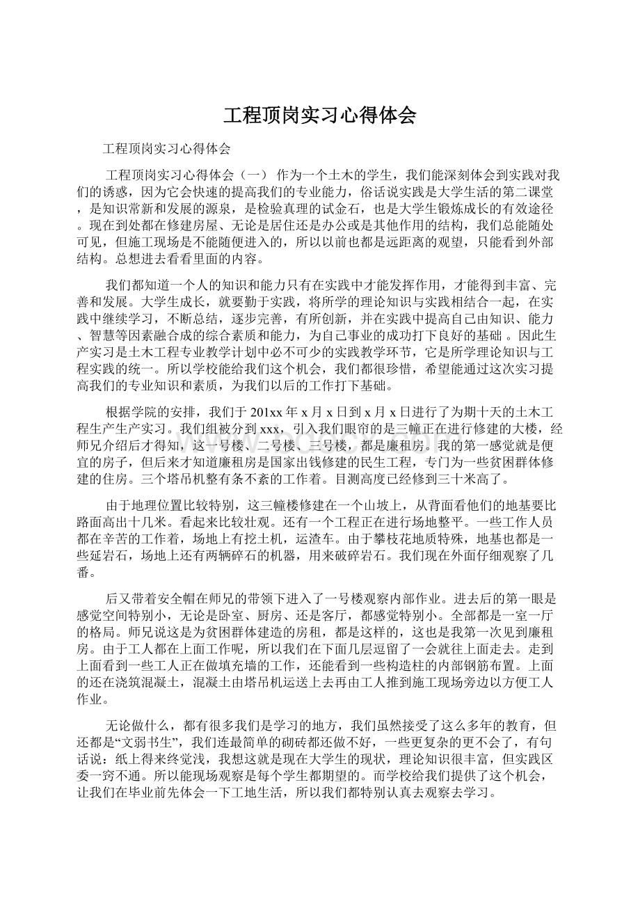 工程顶岗实习心得体会文档格式.docx