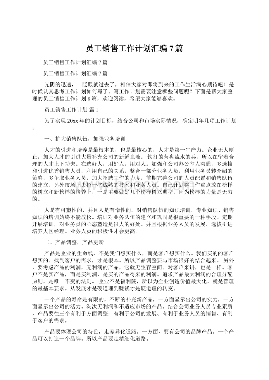 员工销售工作计划汇编7篇文档格式.docx