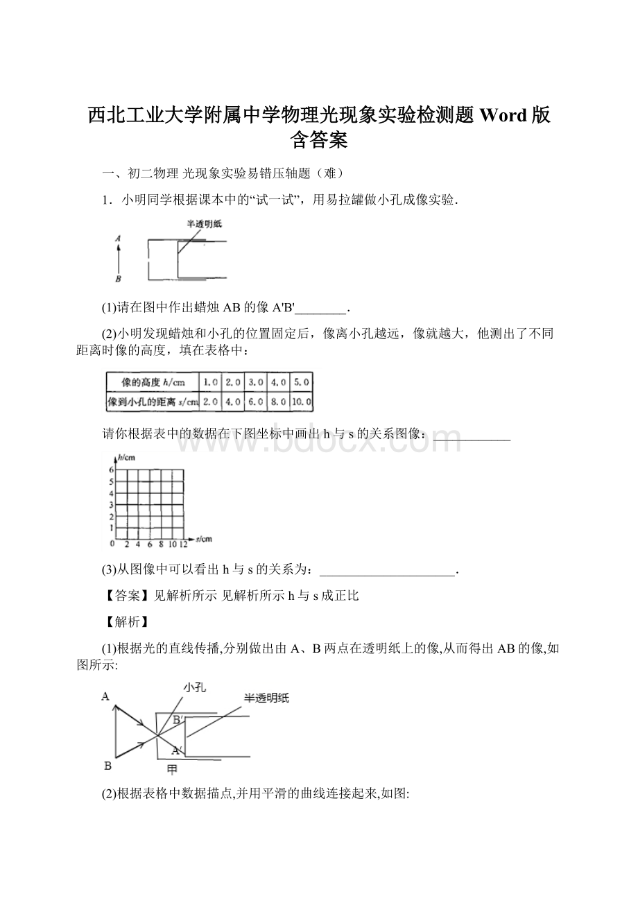 西北工业大学附属中学物理光现象实验检测题Word版 含答案Word文件下载.docx_第1页