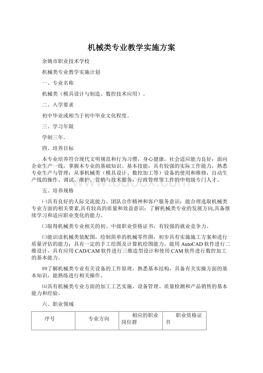 机械类专业教学实施方案Word文档下载推荐.docx_第1页