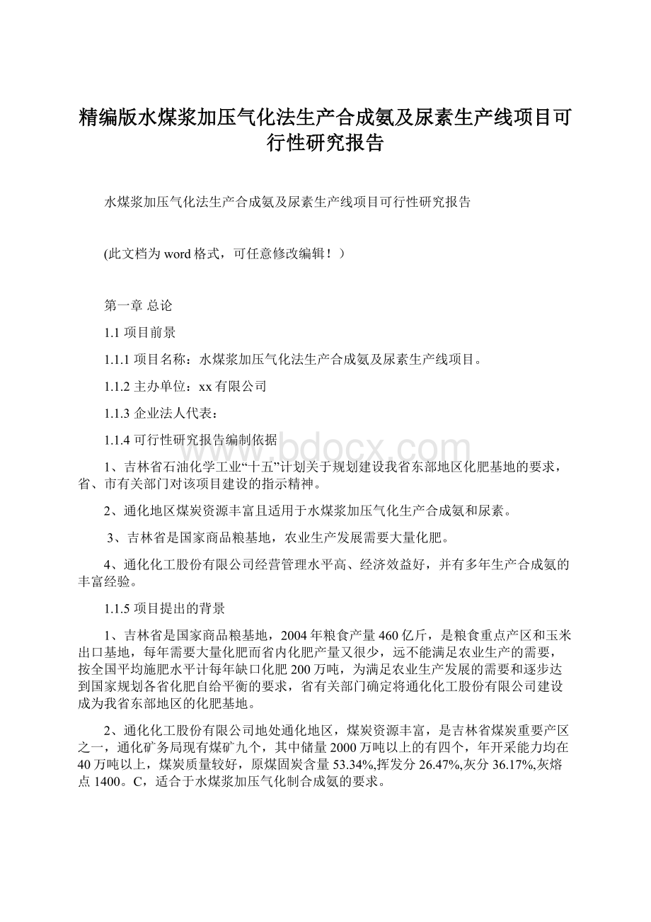 精编版水煤浆加压气化法生产合成氨及尿素生产线项目可行性研究报告.docx_第1页