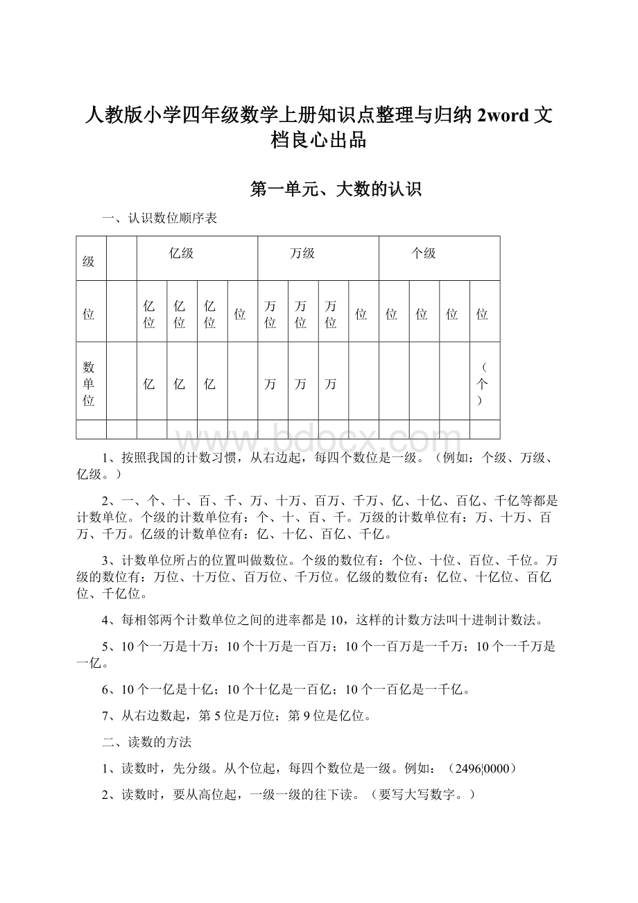 人教版小学四年级数学上册知识点整理与归纳 2word文档良心出品.docx