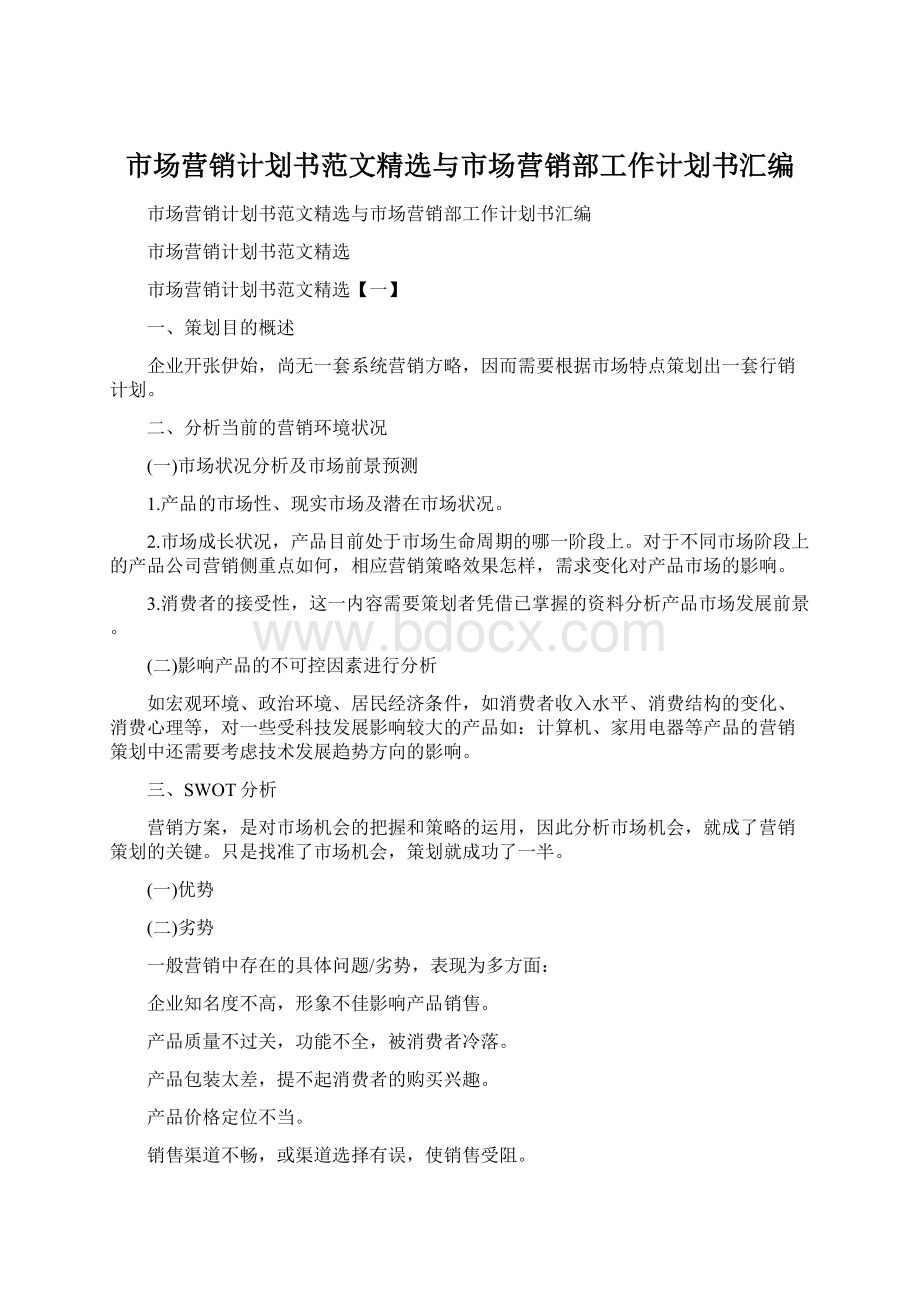 市场营销计划书范文精选与市场营销部工作计划书汇编Word格式文档下载.docx