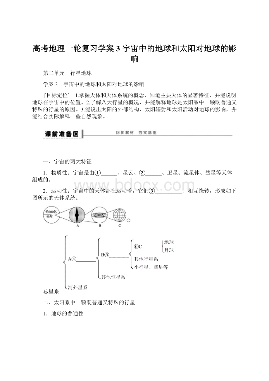 高考地理一轮复习学案3 宇宙中的地球和太阳对地球的影响Word下载.docx_第1页