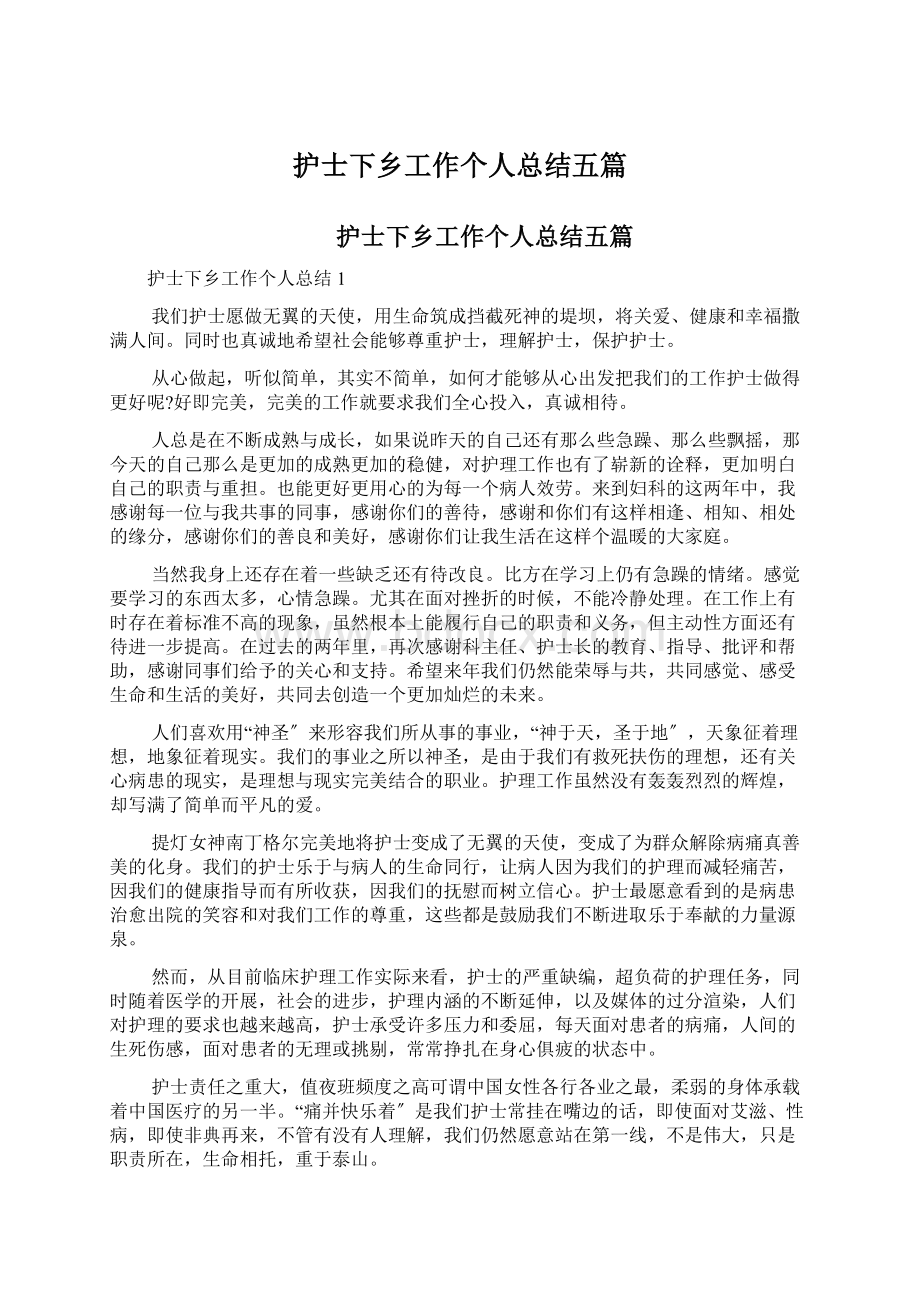 护士下乡工作个人总结五篇Word格式文档下载.docx_第1页