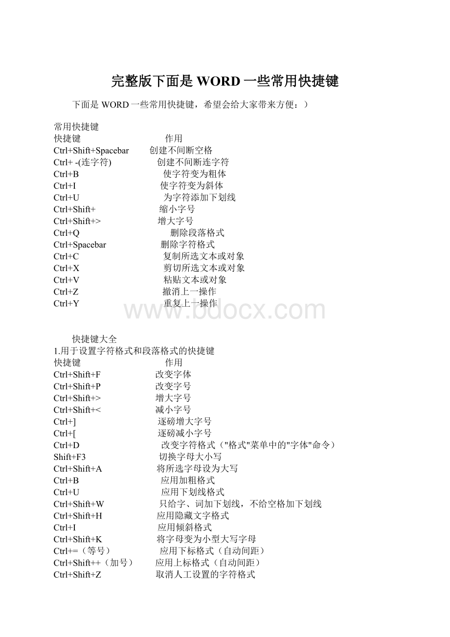 完整版下面是WORD一些常用快捷键文档格式.docx_第1页