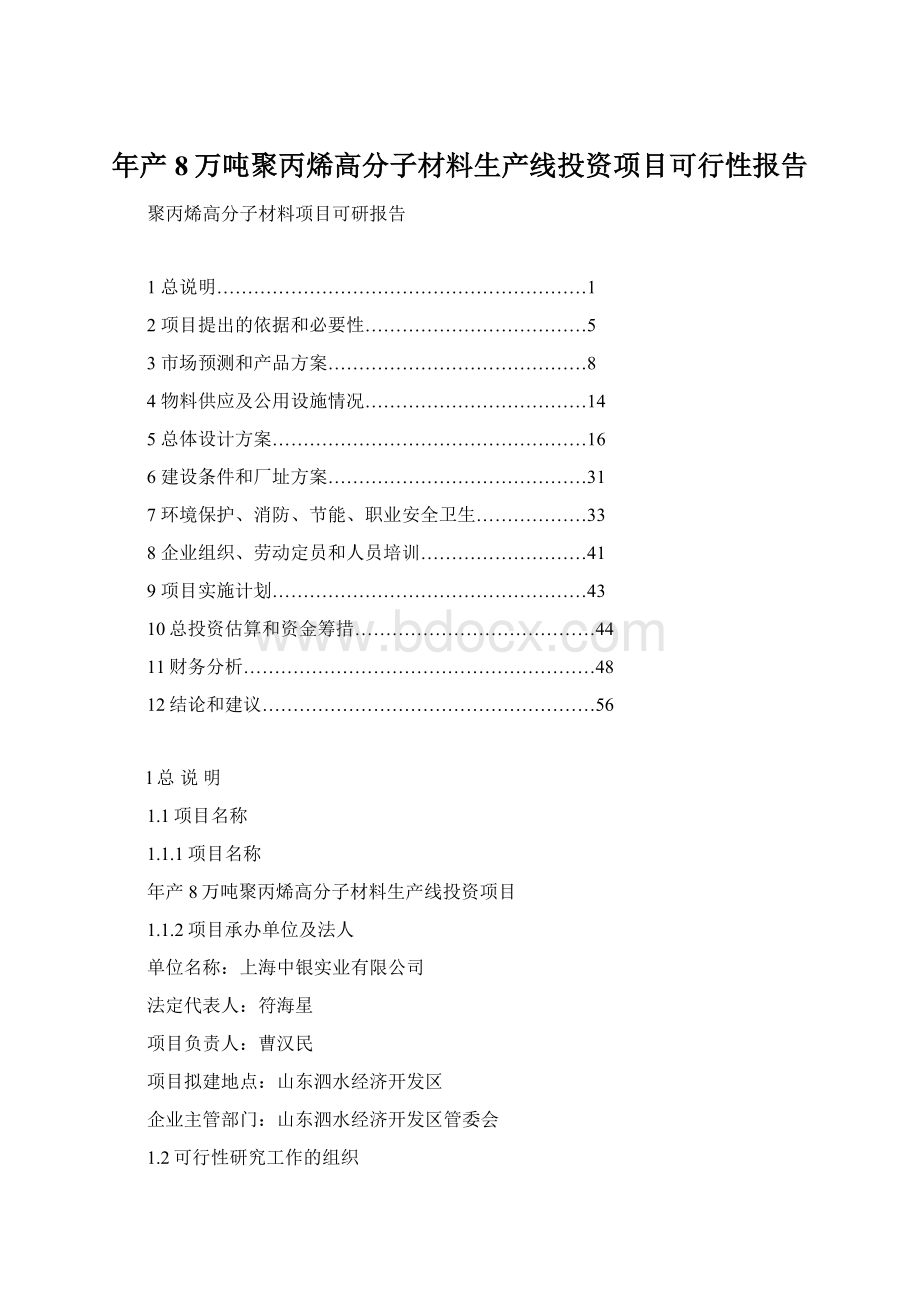 年产8万吨聚丙烯高分子材料生产线投资项目可行性报告Word下载.docx