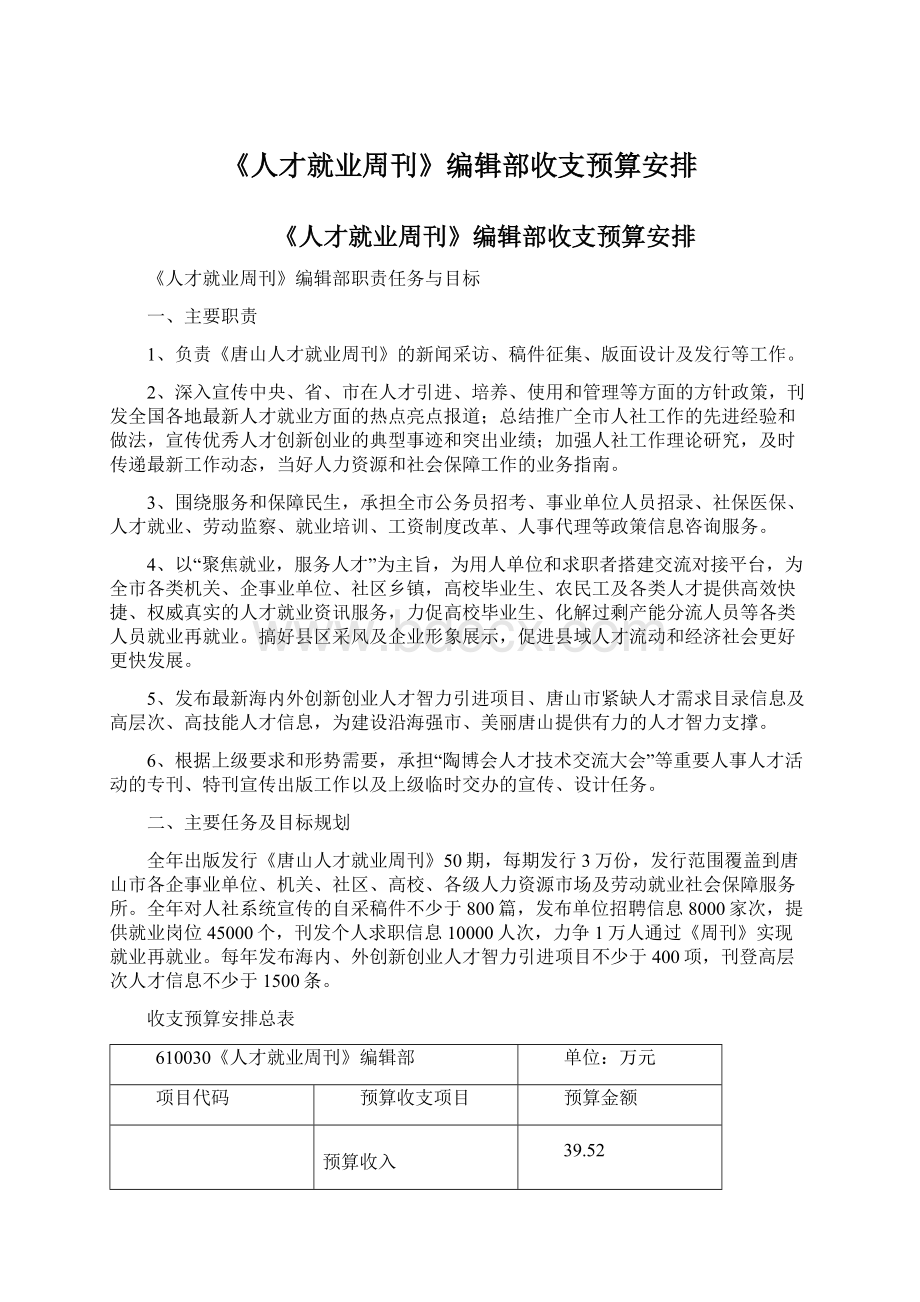 《人才就业周刊》编辑部收支预算安排Word文档格式.docx_第1页