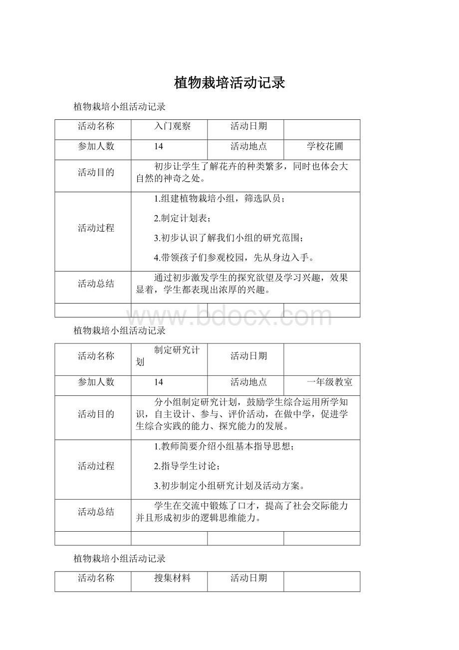 植物栽培活动记录Word文档下载推荐.docx