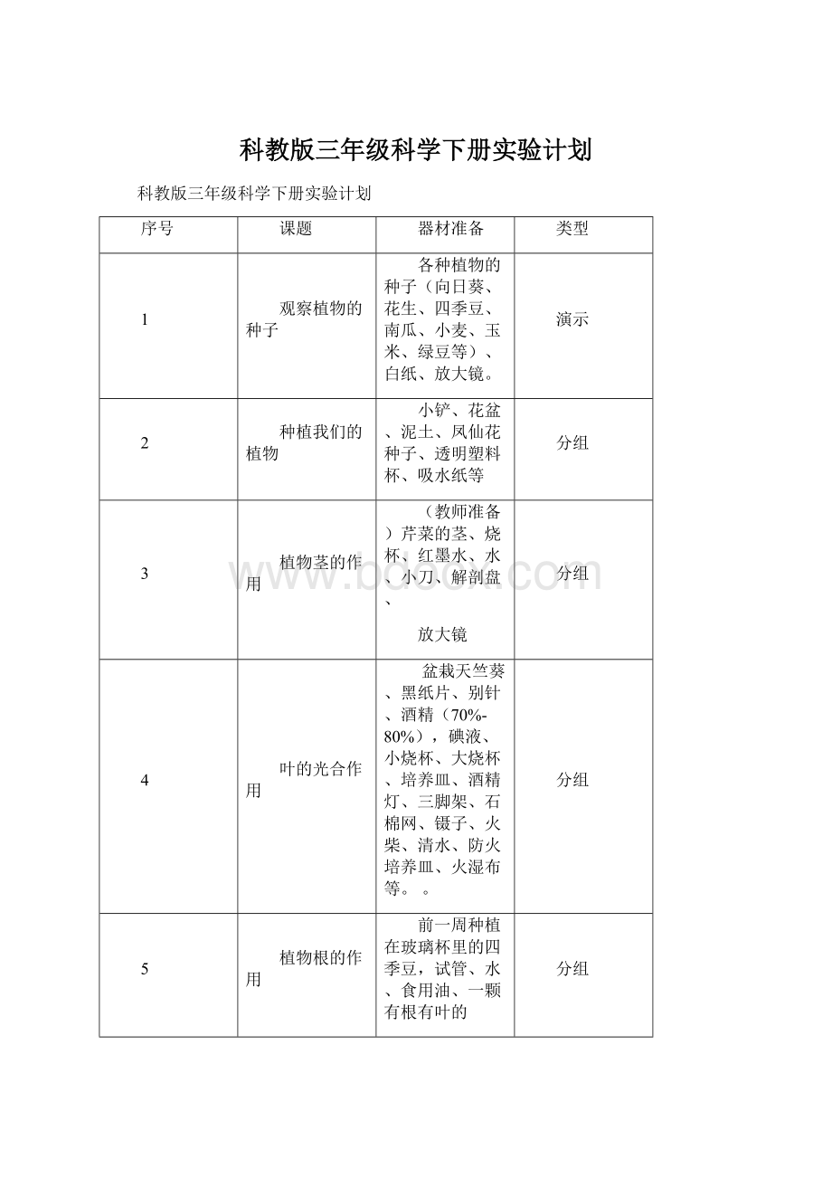 科教版三年级科学下册实验计划.docx_第1页