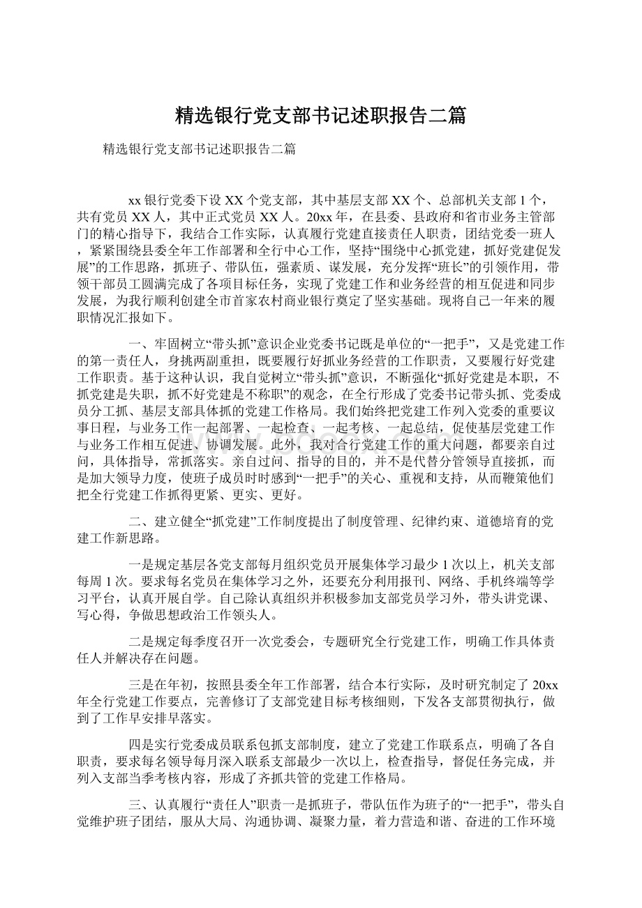 精选银行党支部书记述职报告二篇文档格式.docx_第1页