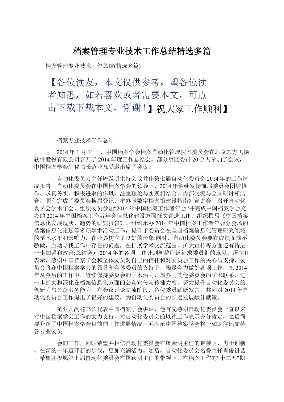 档案管理专业技术工作总结精选多篇文档格式.docx_第1页