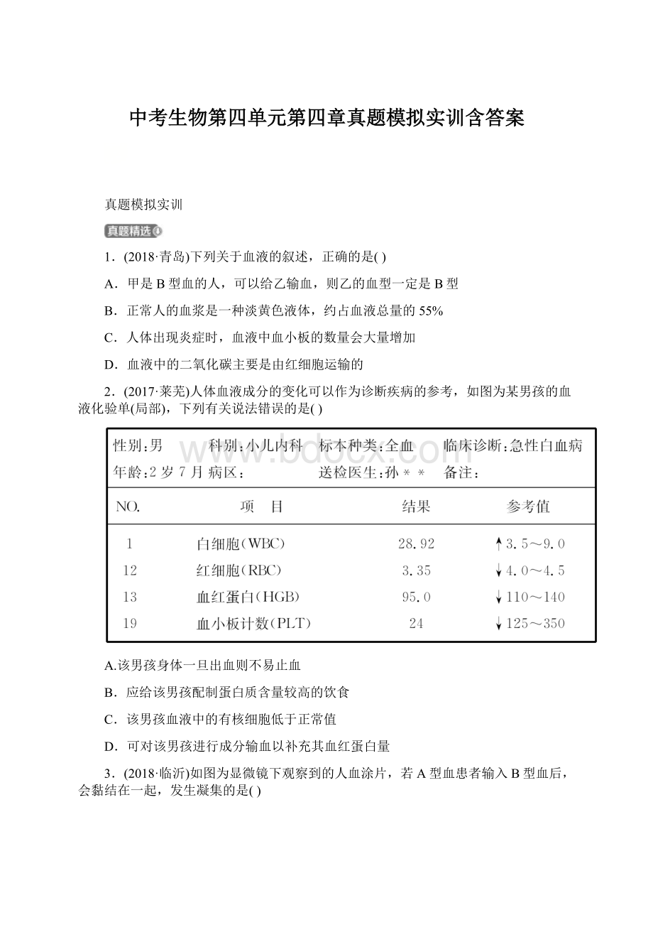 中考生物第四单元第四章真题模拟实训含答案Word文件下载.docx_第1页