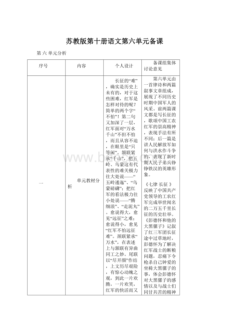 苏教版第十册语文第六单元备课Word下载.docx