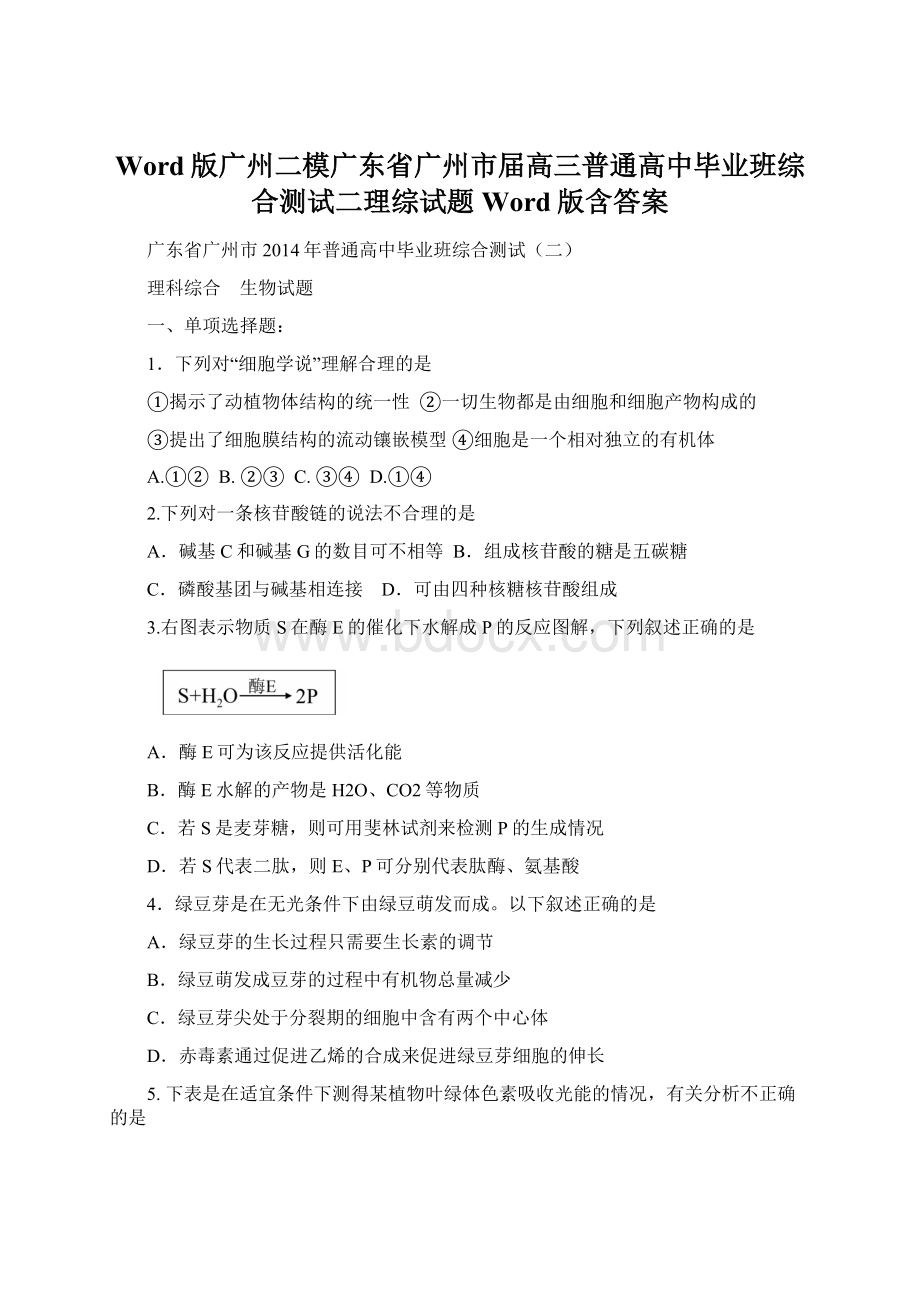 Word版广州二模广东省广州市届高三普通高中毕业班综合测试二理综试题 Word版含答案Word下载.docx