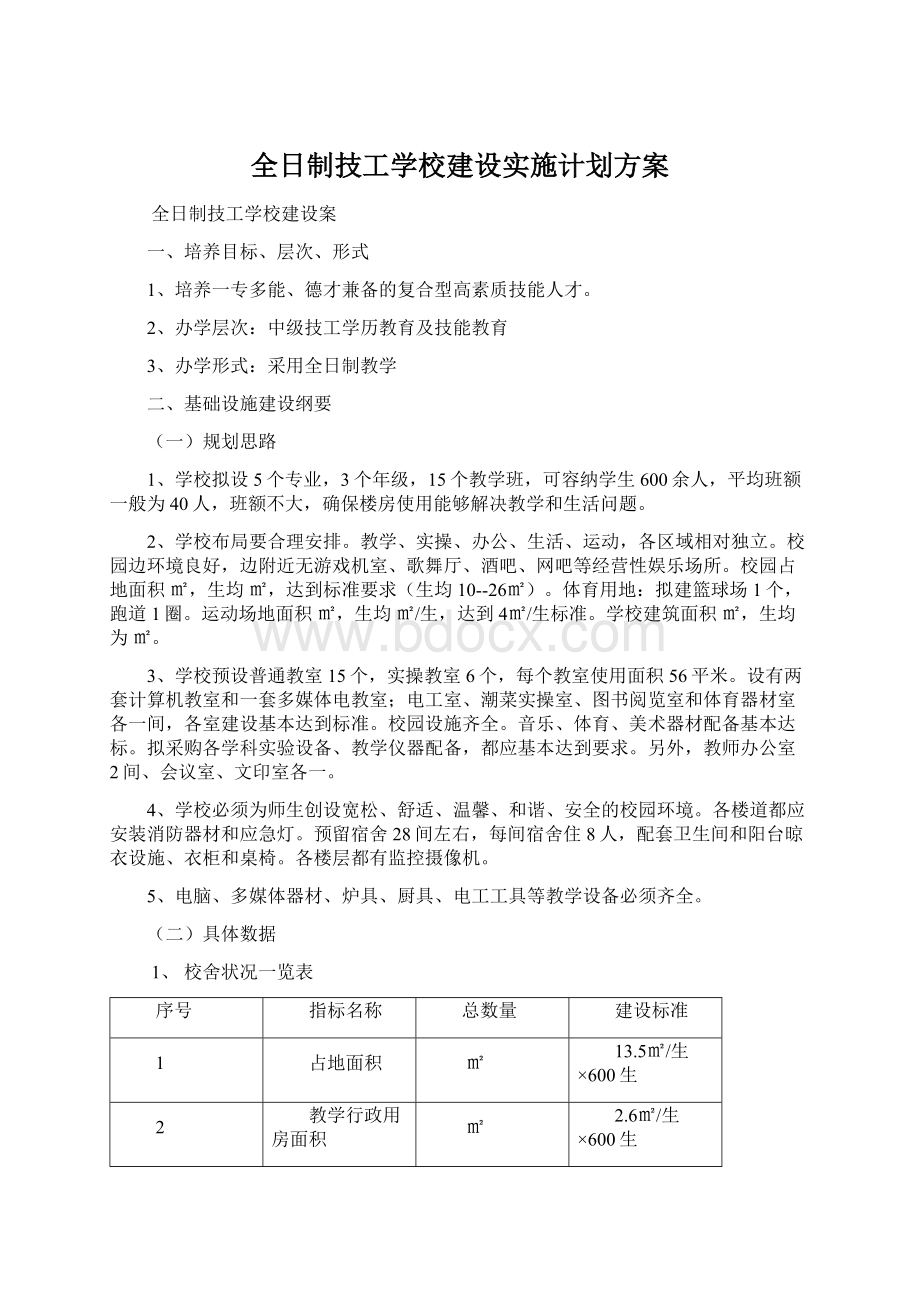 全日制技工学校建设实施计划方案Word文件下载.docx