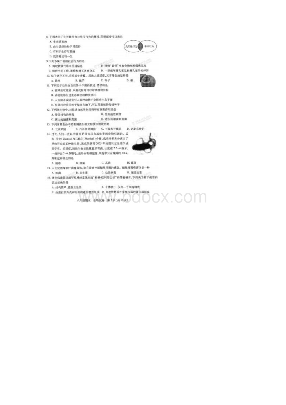 北京市西城区学年八年级生物上学期期末考试试题扫描版新人教版.docx_第2页