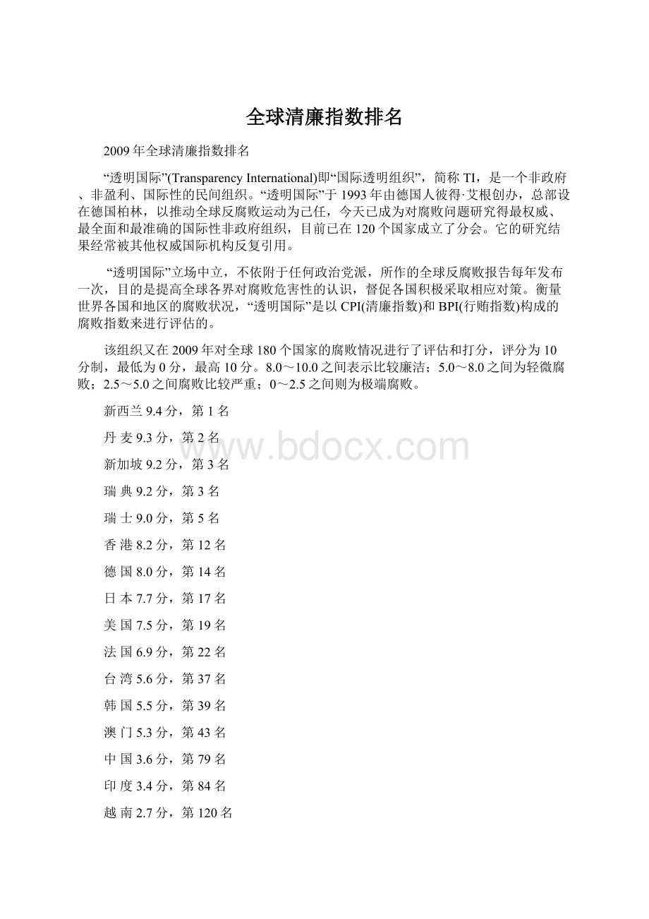 全球清廉指数排名.docx