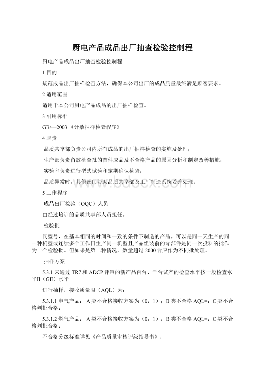 厨电产品成品出厂抽查检验控制程.docx_第1页