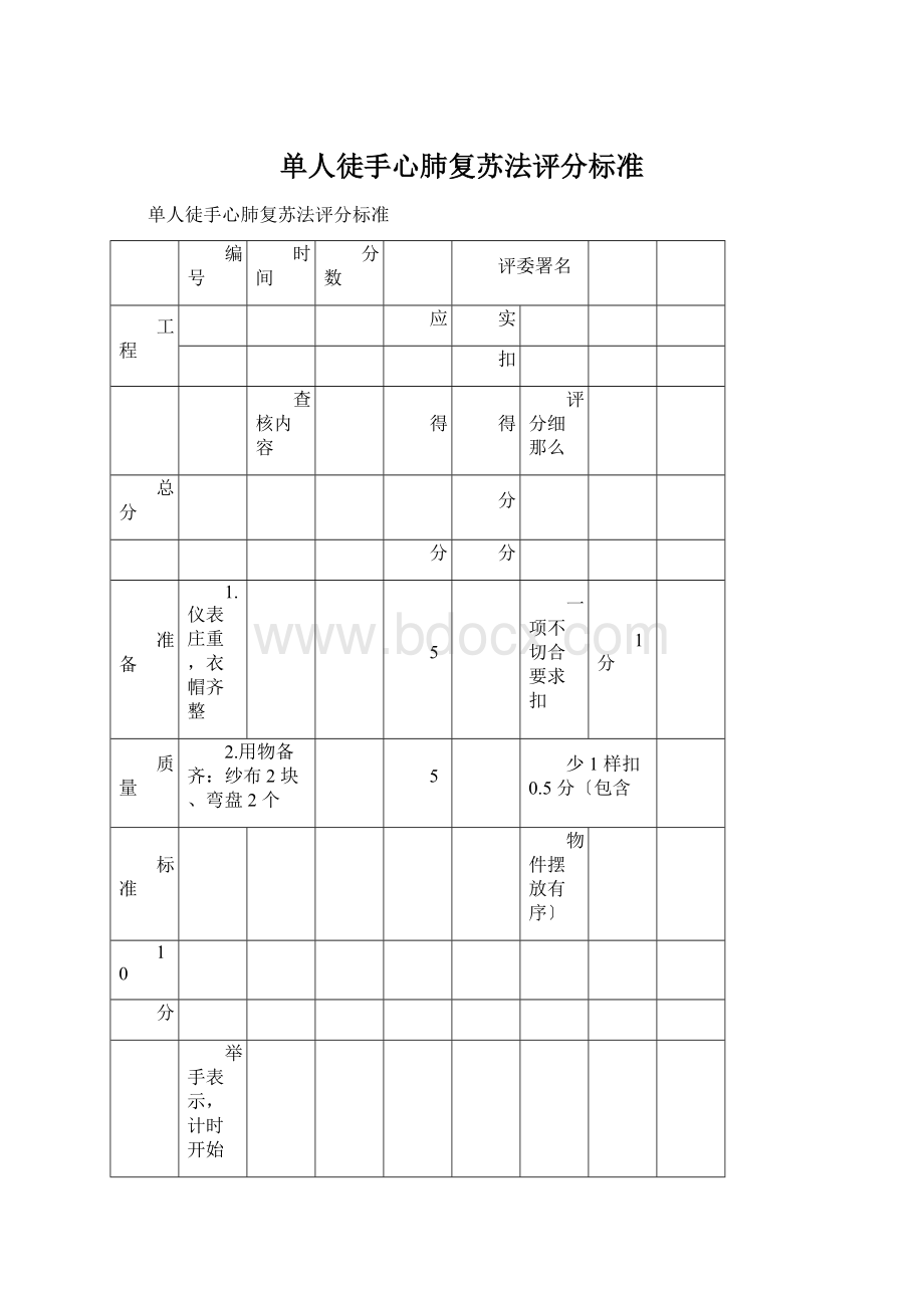 单人徒手心肺复苏法评分标准Word文档下载推荐.docx