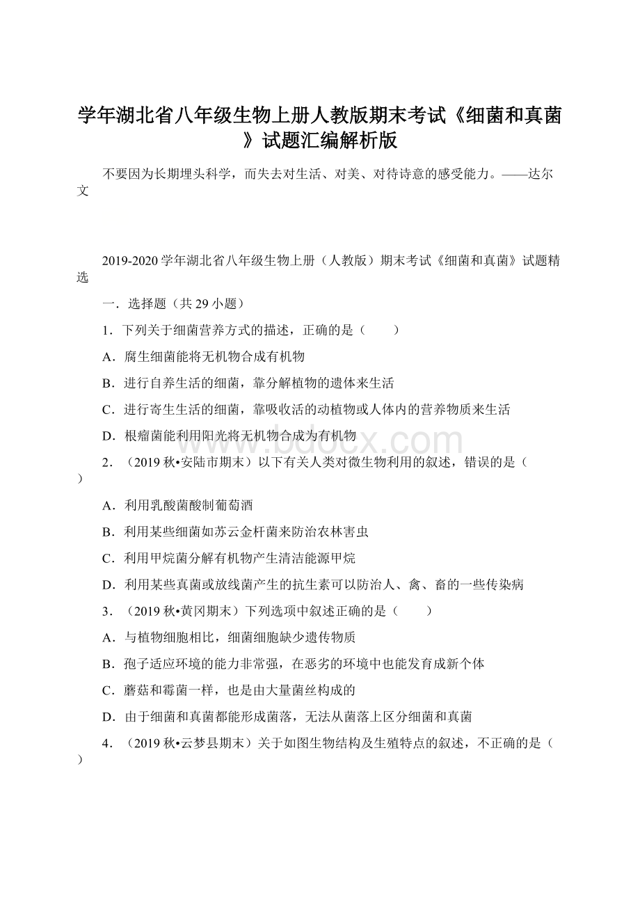 学年湖北省八年级生物上册人教版期末考试《细菌和真菌》试题汇编解析版Word下载.docx_第1页