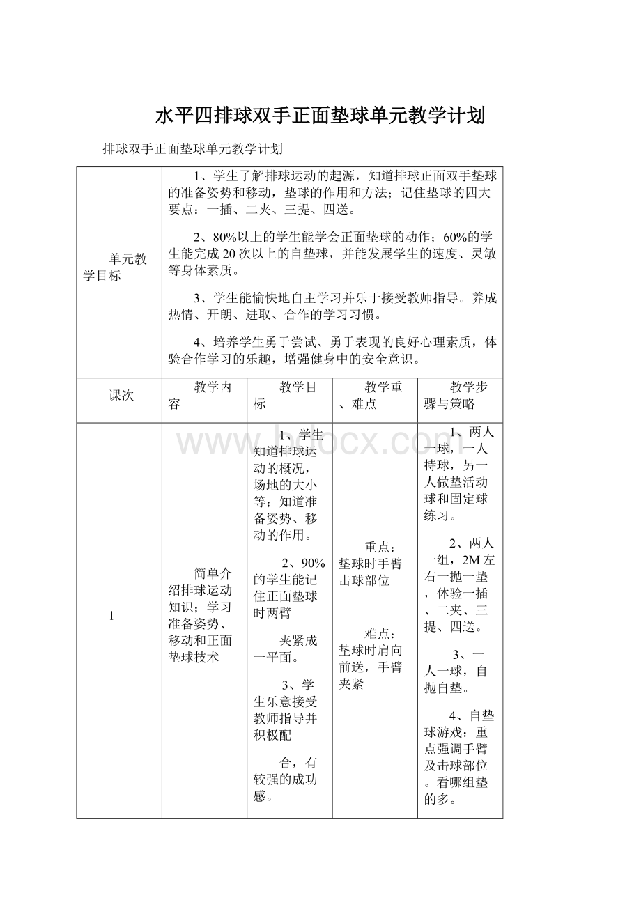 水平四排球双手正面垫球单元教学计划.docx_第1页