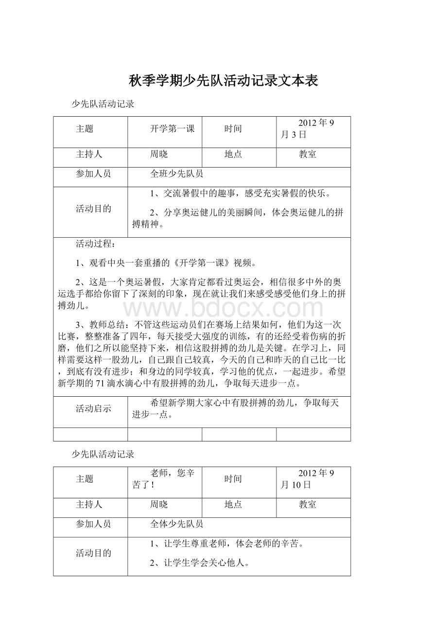 秋季学期少先队活动记录文本表.docx