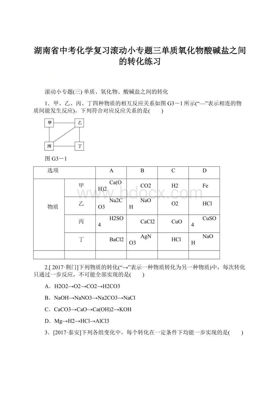 湖南省中考化学复习滚动小专题三单质氧化物酸碱盐之间的转化练习.docx