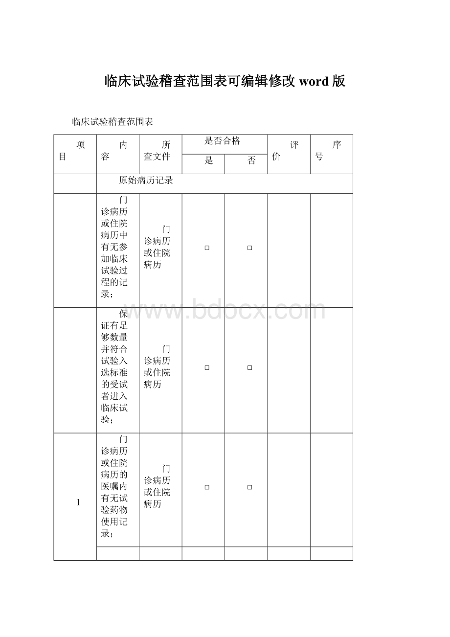 临床试验稽查范围表可编辑修改word版Word格式文档下载.docx