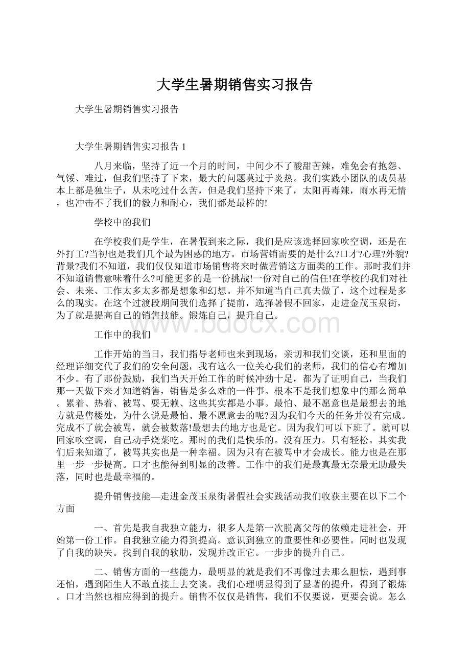 大学生暑期销售实习报告Word格式.docx_第1页