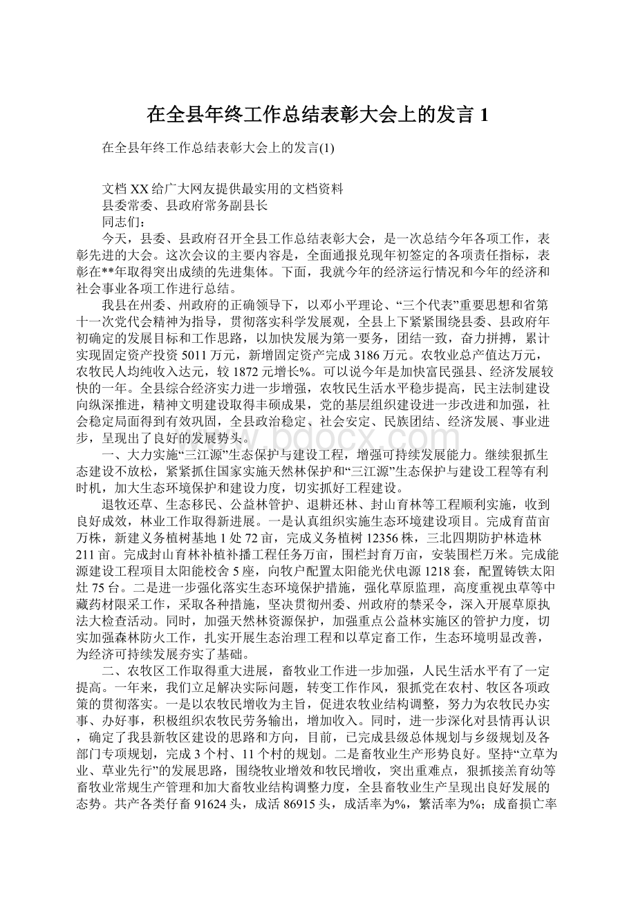 在全县年终工作总结表彰大会上的发言1.docx_第1页