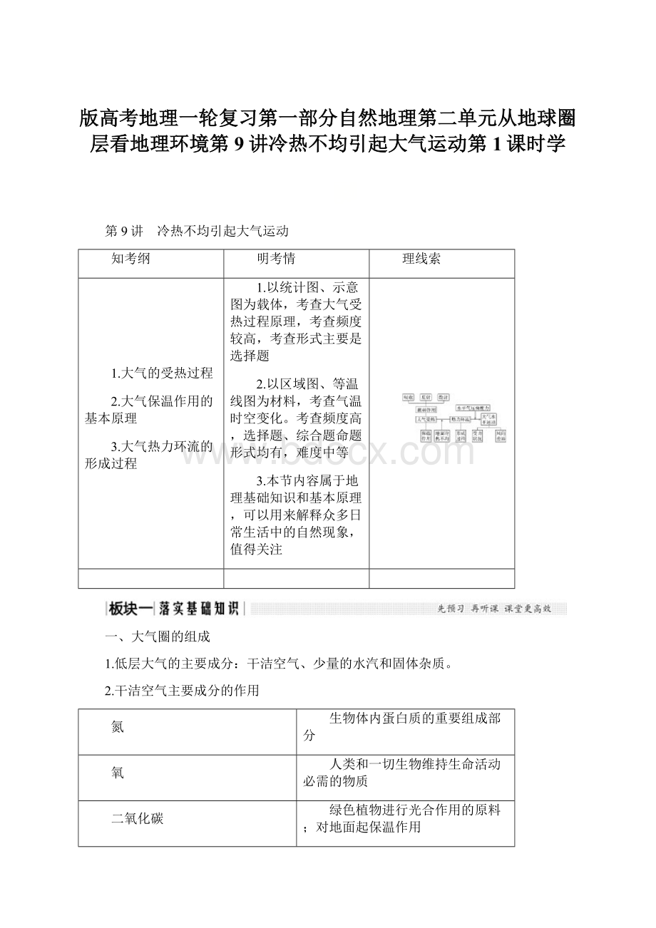 版高考地理一轮复习第一部分自然地理第二单元从地球圈层看地理环境第9讲冷热不均引起大气运动第1课时学.docx_第1页