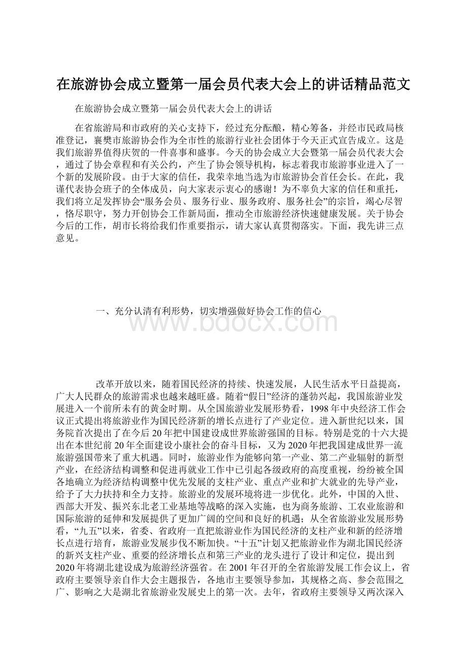 在旅游协会成立暨第一届会员代表大会上的讲话精品范文.docx