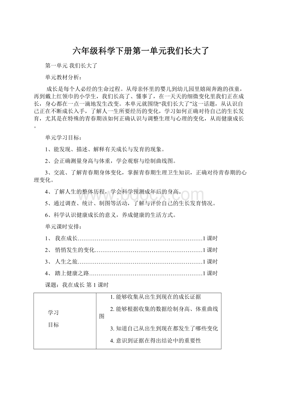 六年级科学下册第一单元我们长大了Word格式.docx_第1页