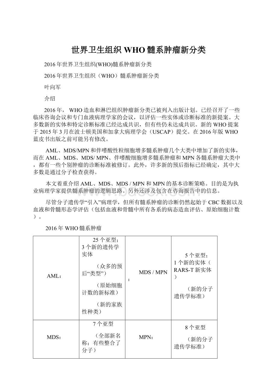 世界卫生组织WHO髓系肿瘤新分类Word文档格式.docx