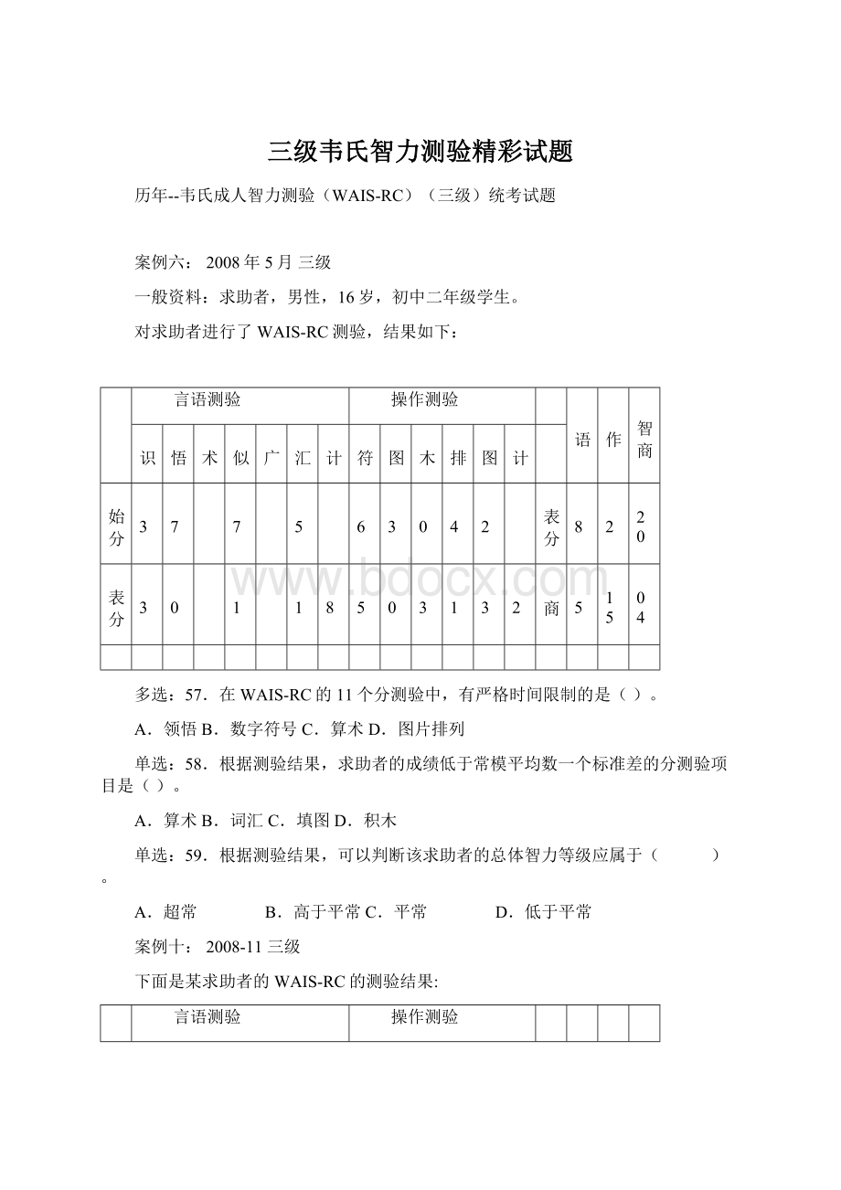 三级韦氏智力测验精彩试题Word文档格式.docx