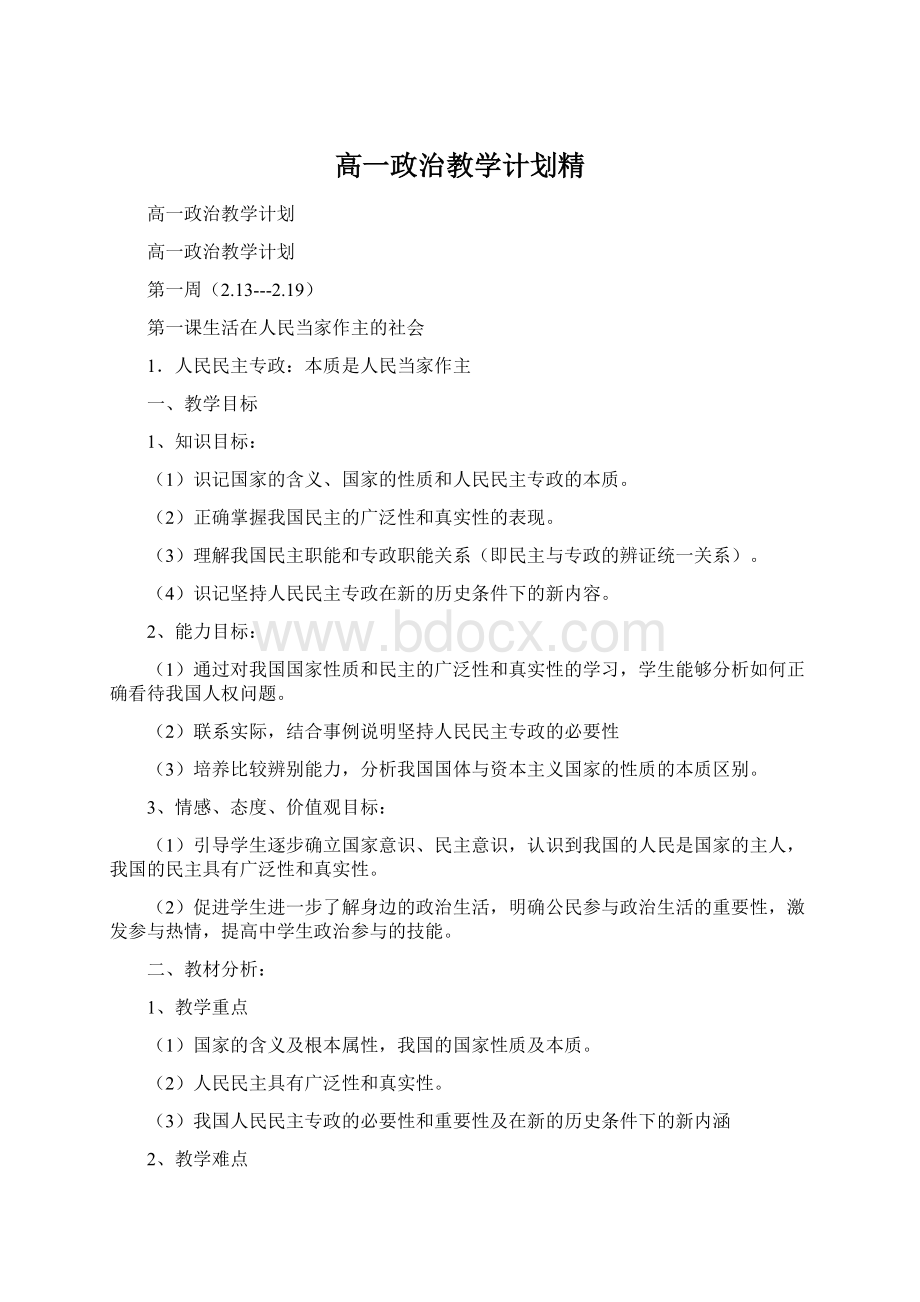 高一政治教学计划精.docx