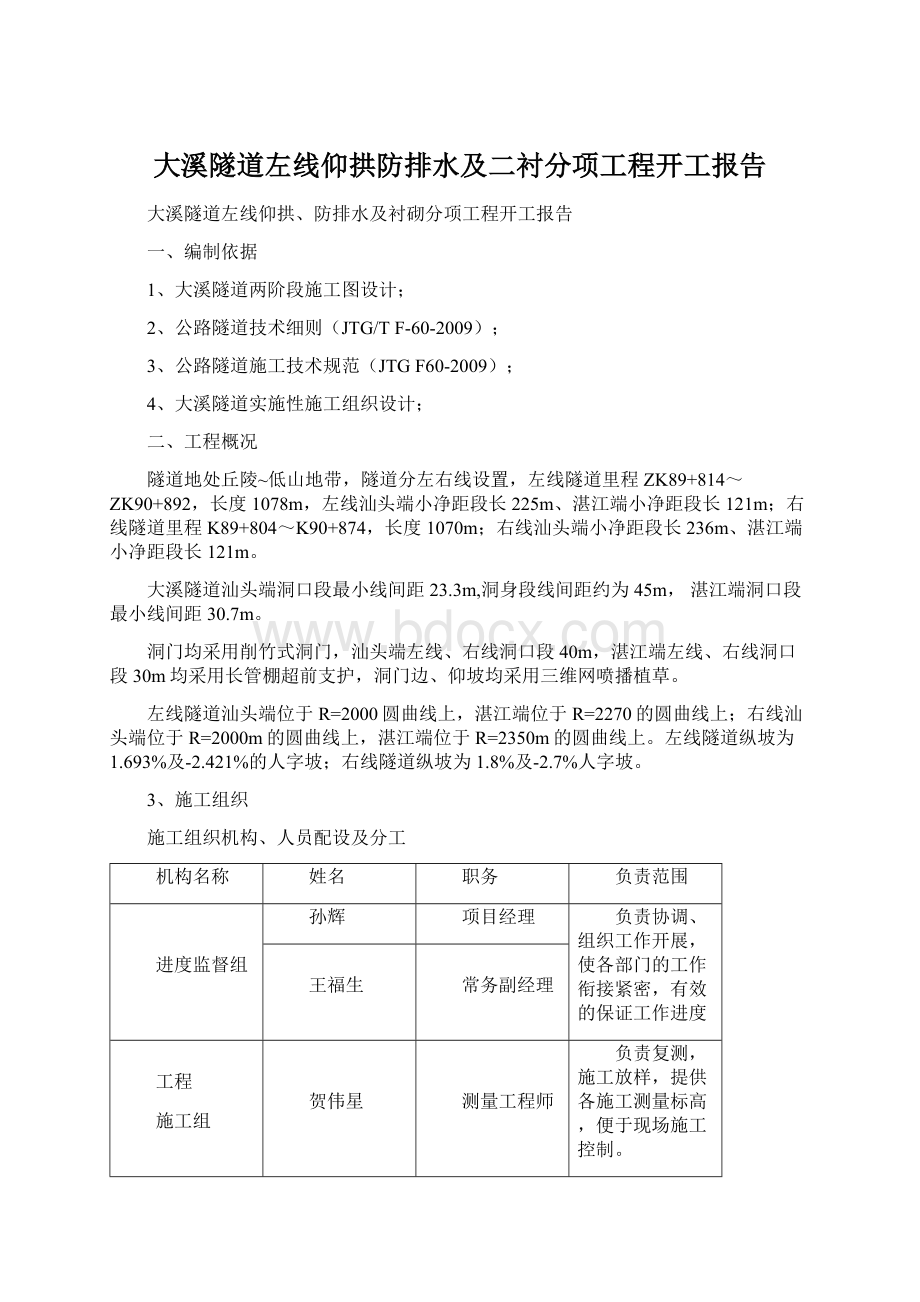 大溪隧道左线仰拱防排水及二衬分项工程开工报告.docx_第1页