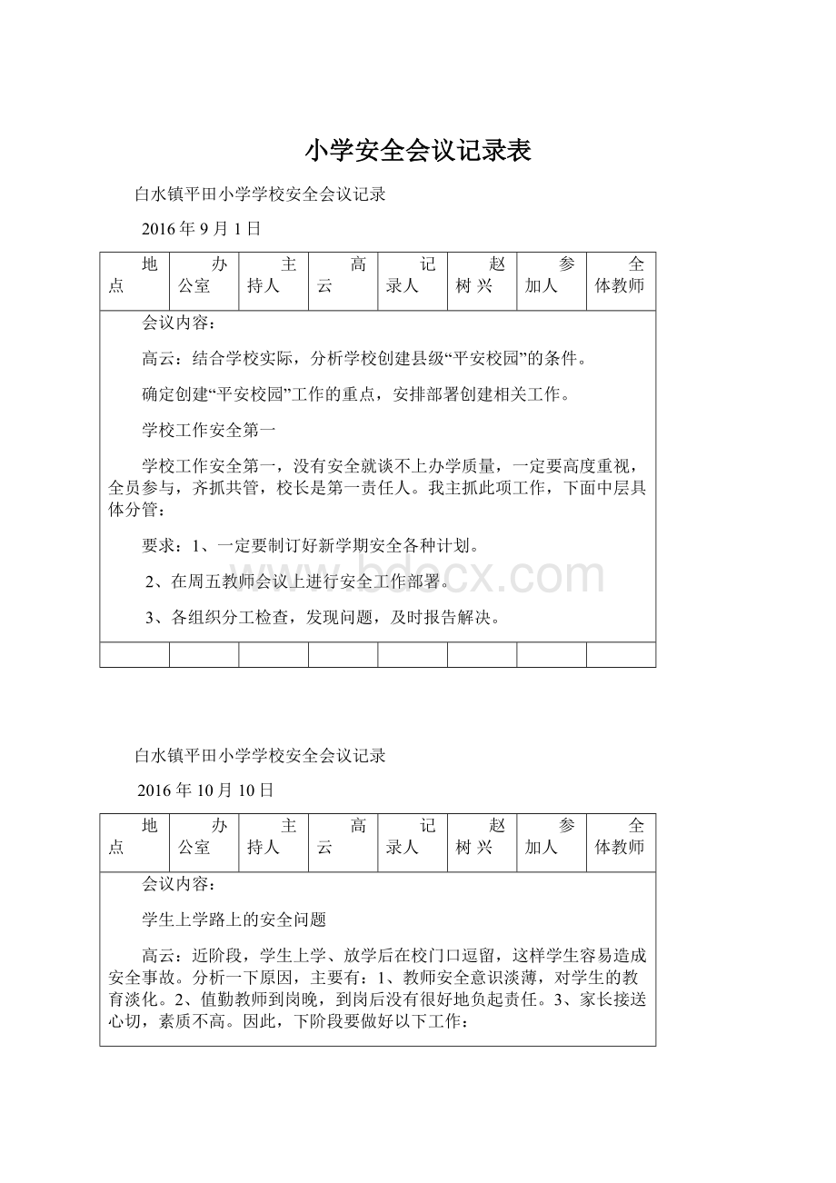 小学安全会议记录表Word文档格式.docx