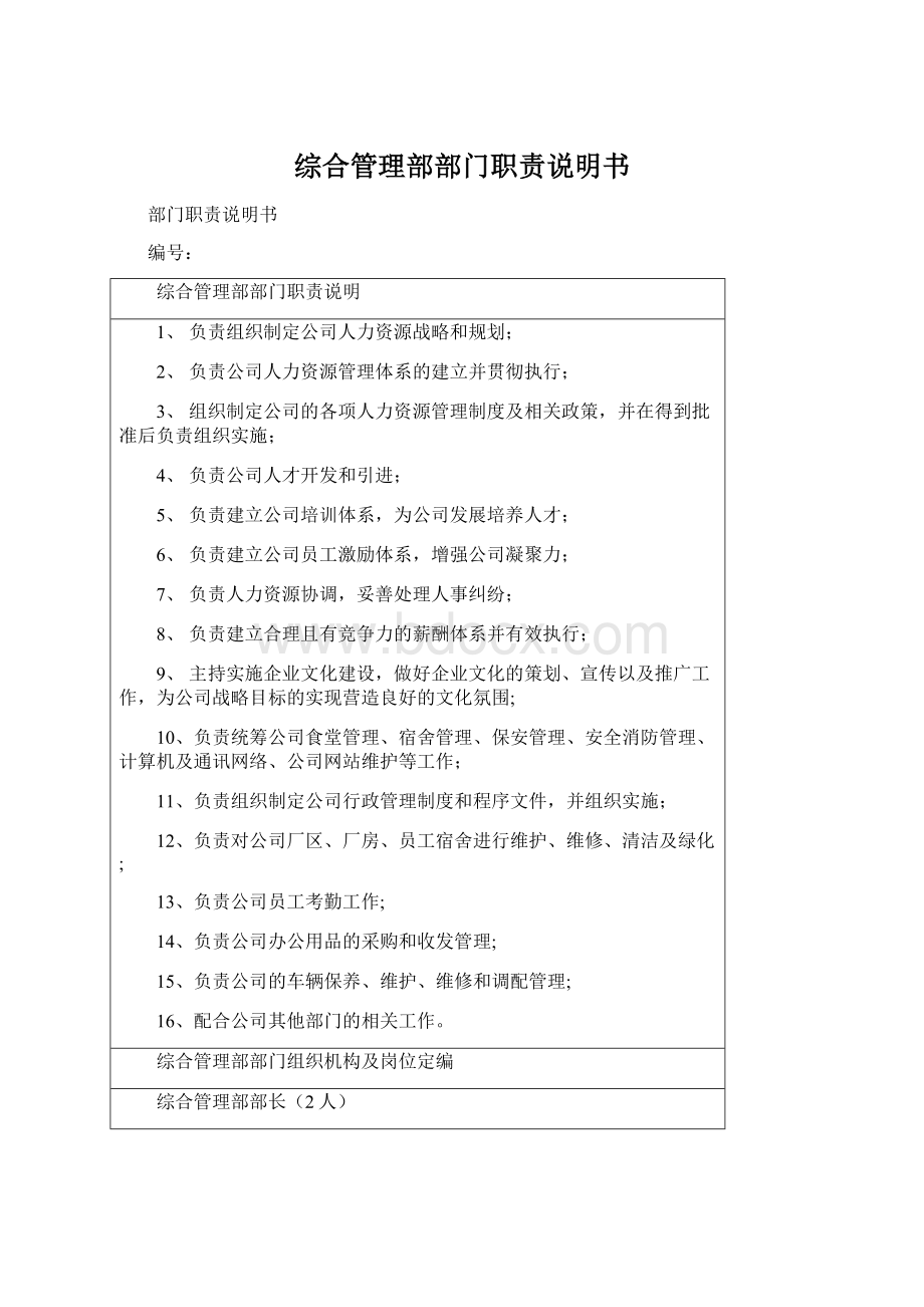 综合管理部部门职责说明书Word格式.docx_第1页